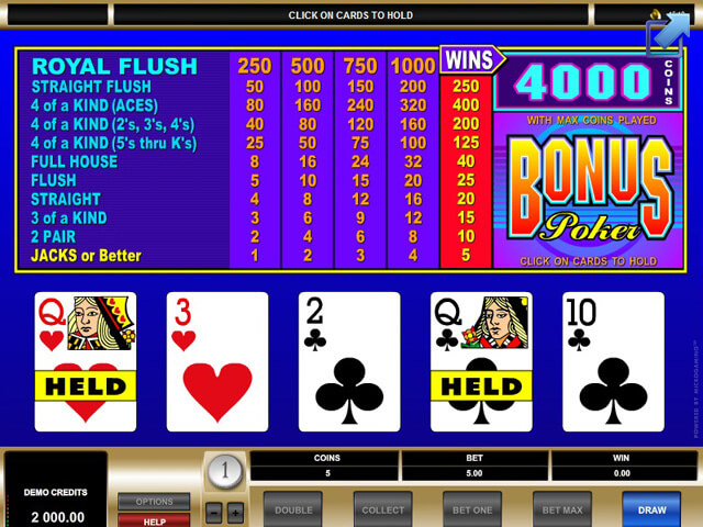 Bonus Poker играй без регистрации, бесплатная игра в Плей Фортуна